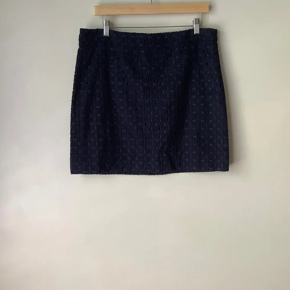 J. Crew Eyelet Floral Cutout Embroidered A-line Skirt Navy Blue Womens Size 12